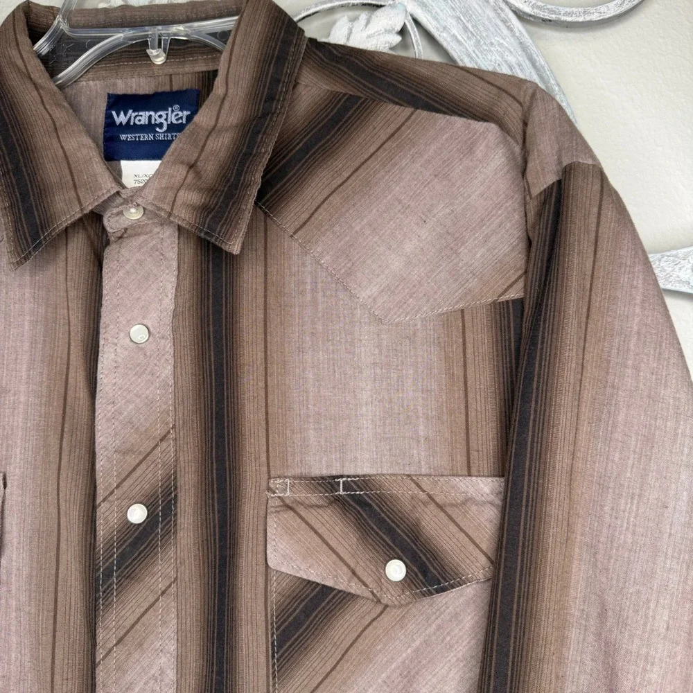Vintage Wrangler Western Shirts Mens XL Tan Brown Stripe Long Sleeve Button Down